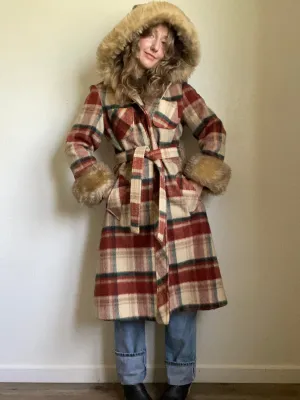 1970s Wool Hooded Plaid Princess Coat