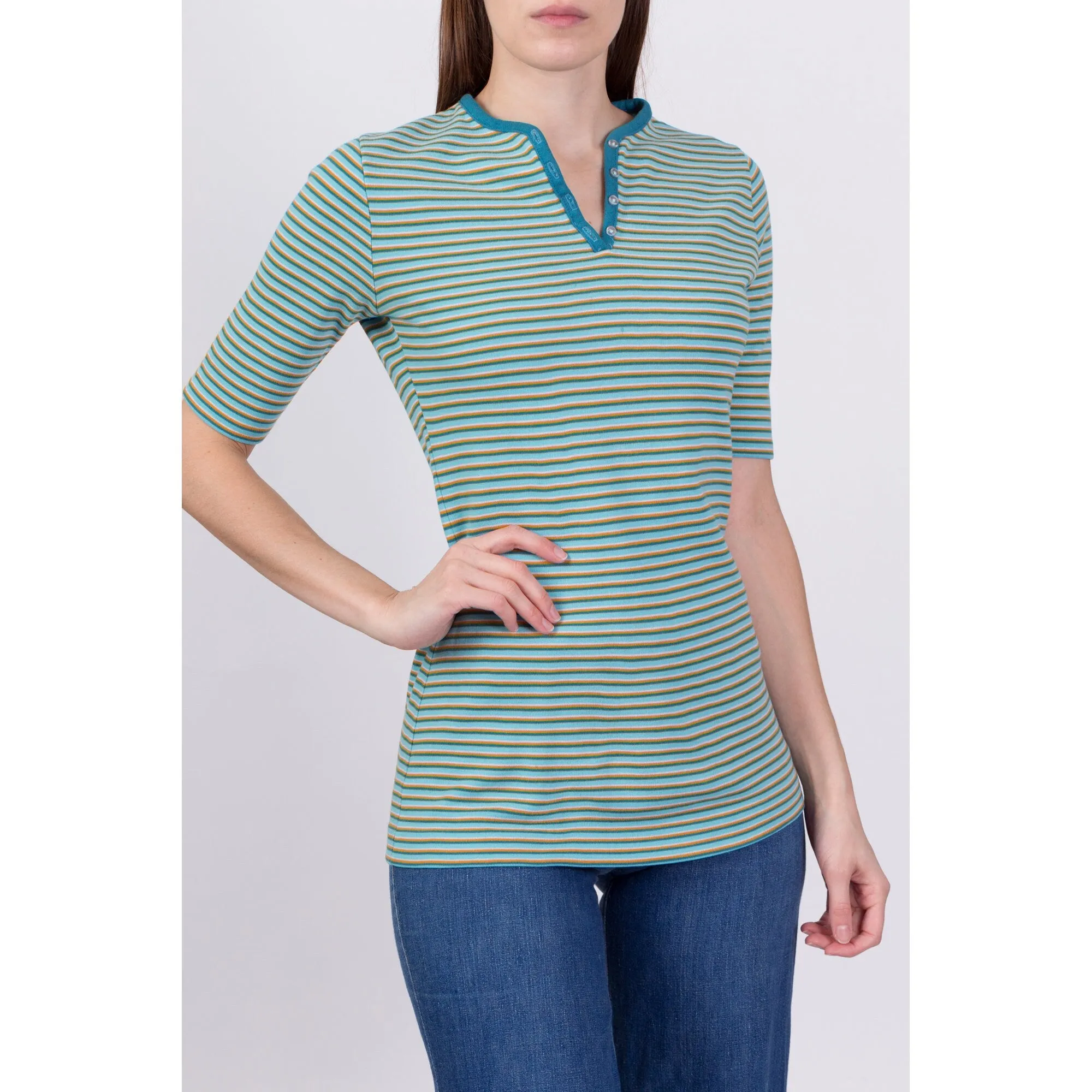 70s Retro Striped Henley Shirt - Small