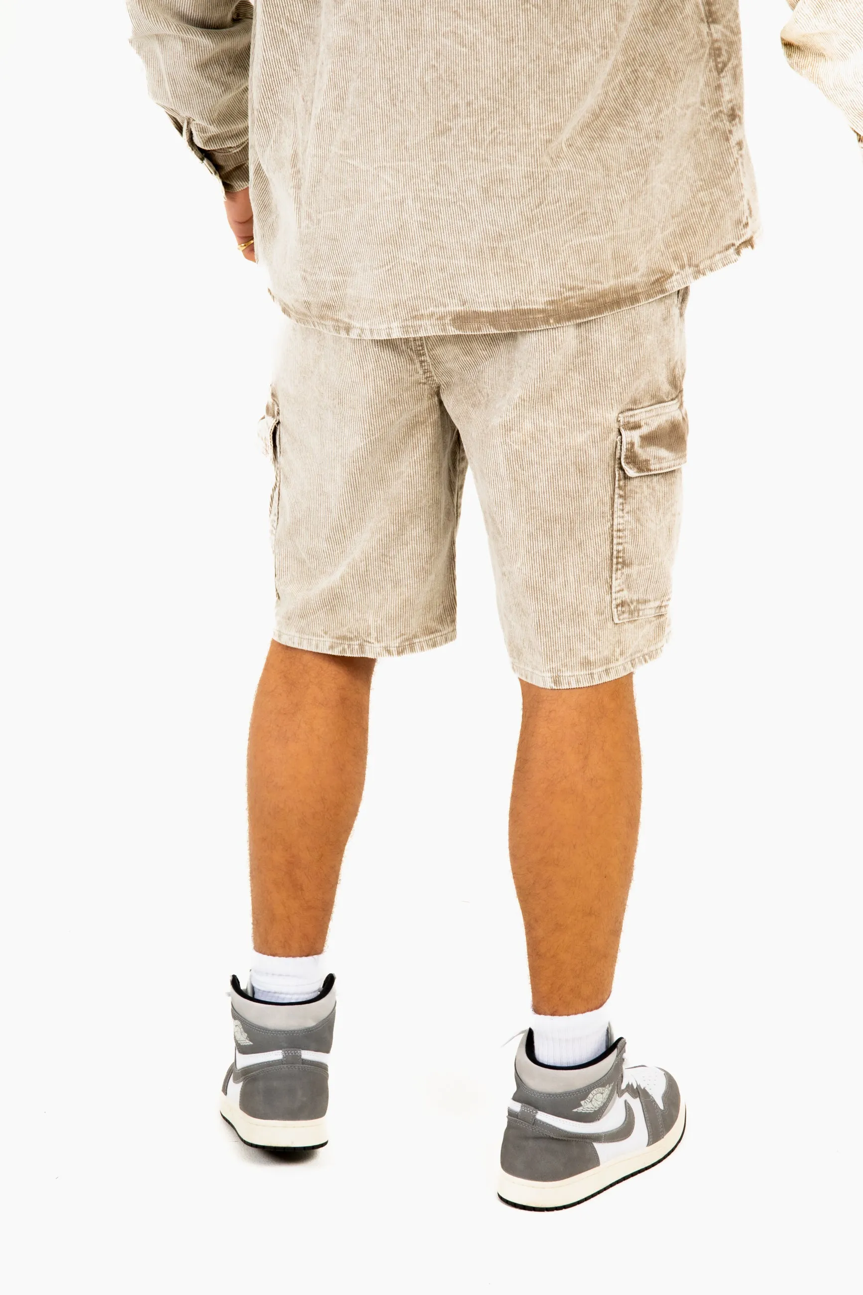 Acid Wash Beige Corduroy Cargo Shorts