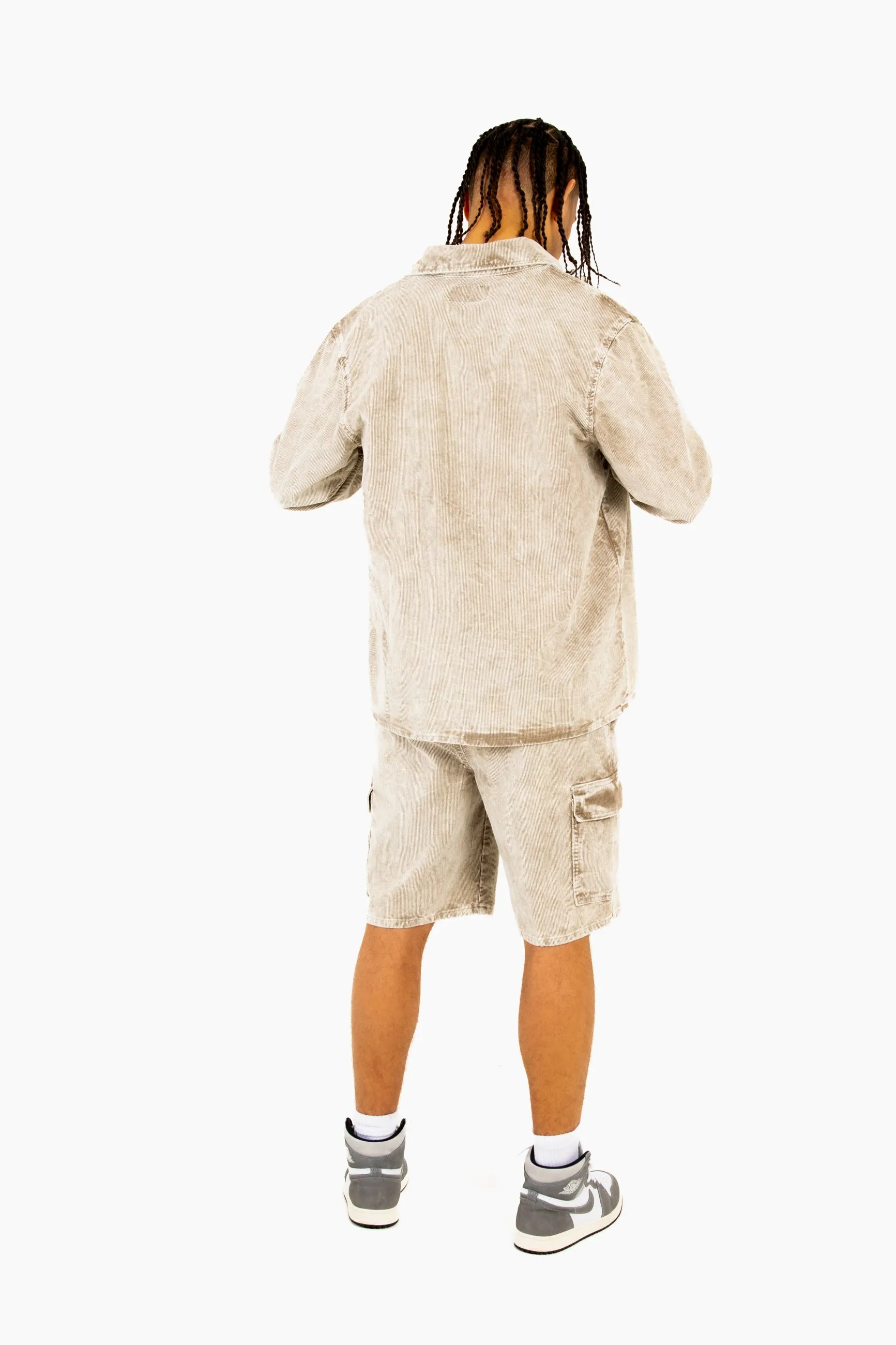 Acid Wash Beige Corduroy Cargo Shorts