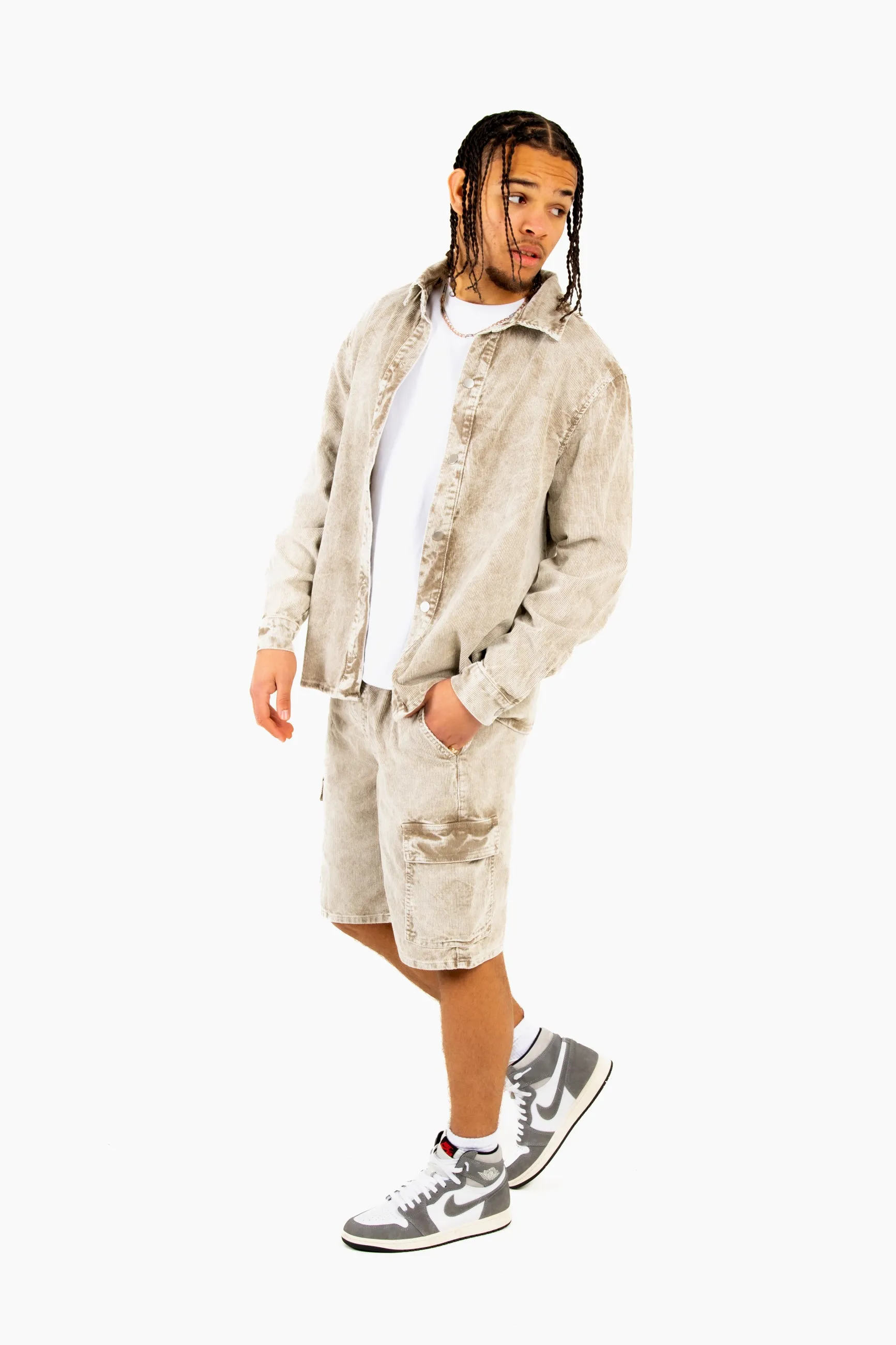 Acid Wash Beige Corduroy Cargo Shorts