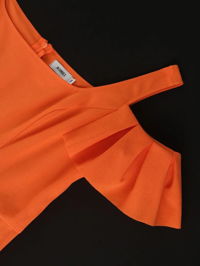 AOMEIDRESS Cold Shoulder Square Collar Orange Pleated A Line Dress