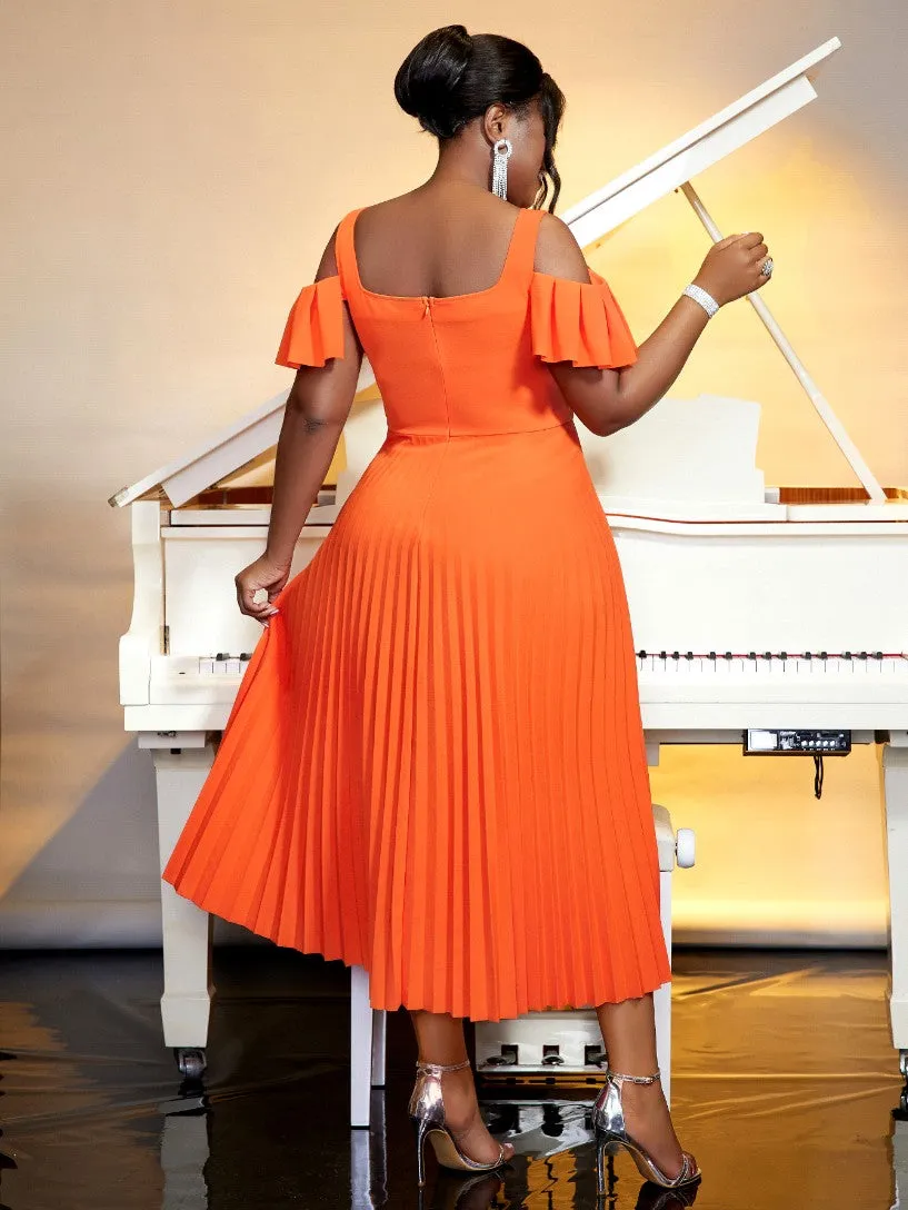 AOMEIDRESS Cold Shoulder Square Collar Orange Pleated A Line Dress