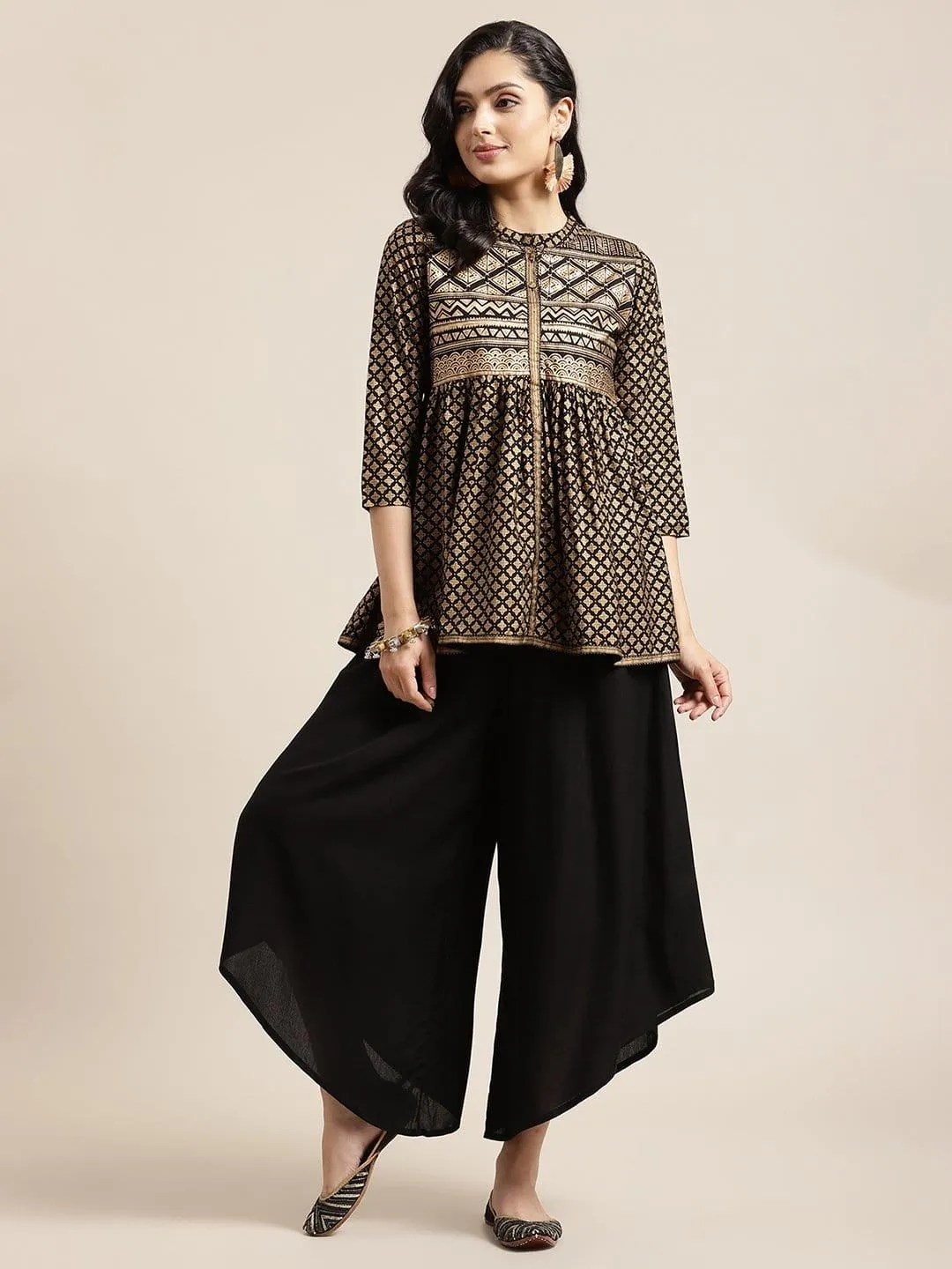 Black And Gold Foil Printed Tunic With Asymmetrical Hemline Palazzo