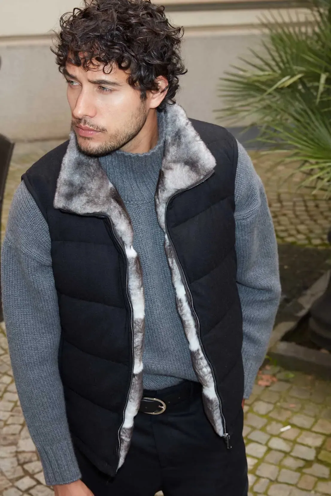 Black and grey fur vest