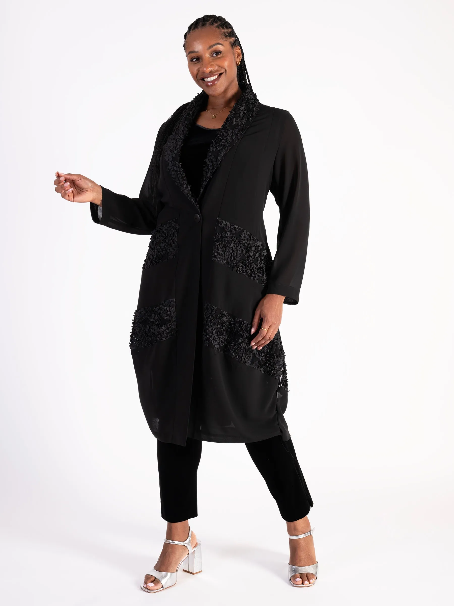 Black Chiffon Barrel Coat with Confetti Applique Mesh Chevron Inset Trim