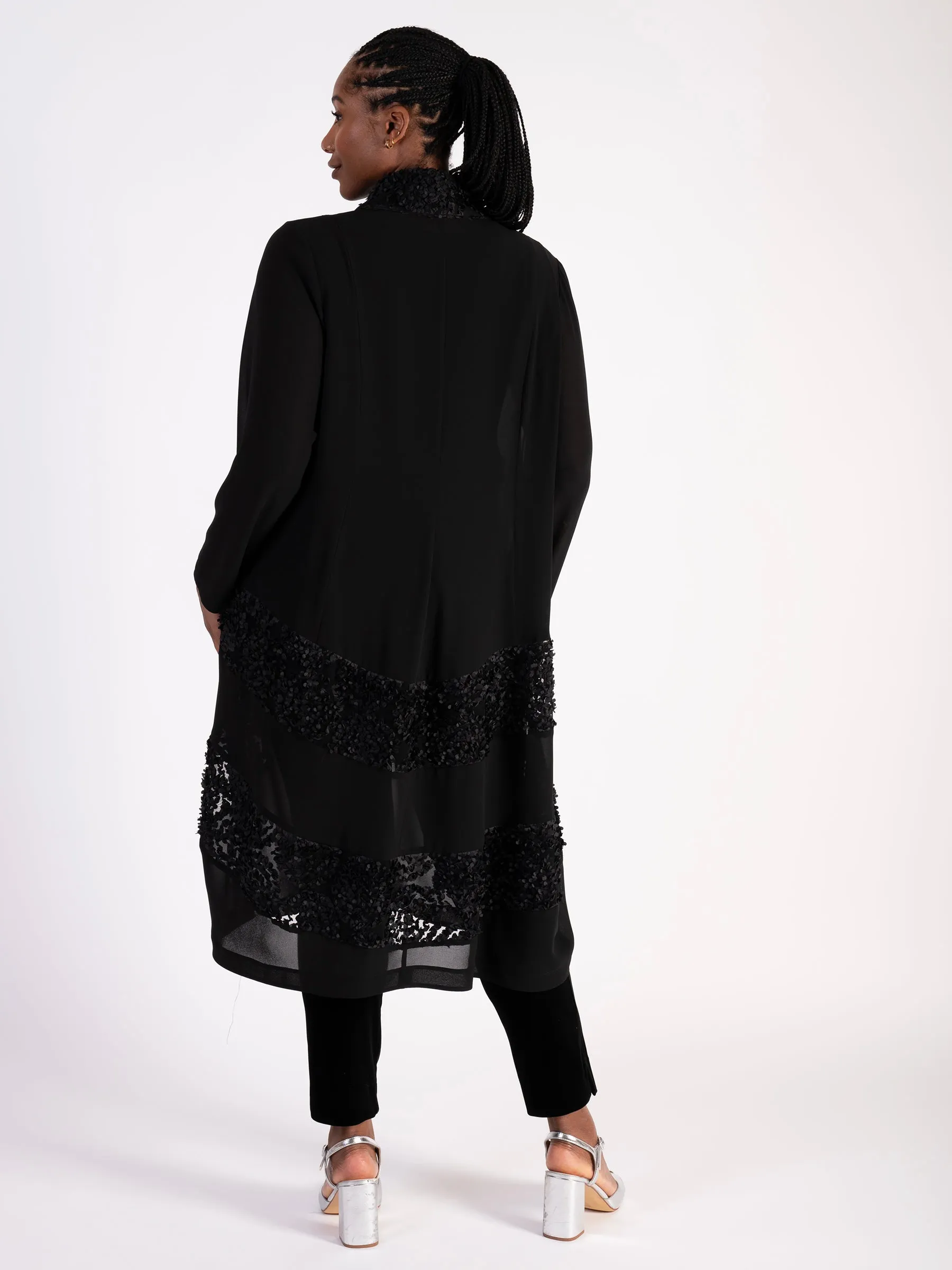 Black Chiffon Barrel Coat with Confetti Applique Mesh Chevron Inset Trim