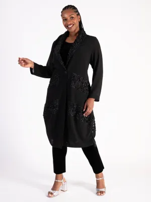 Black Chiffon Barrel Coat with Confetti Applique Mesh Chevron Inset Trim