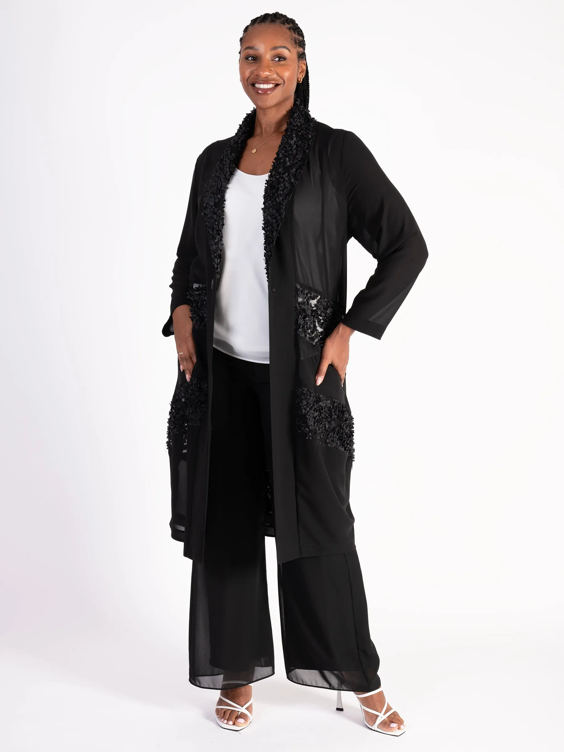 Black Chiffon Barrel Coat with Confetti Applique Mesh Chevron Inset Trim