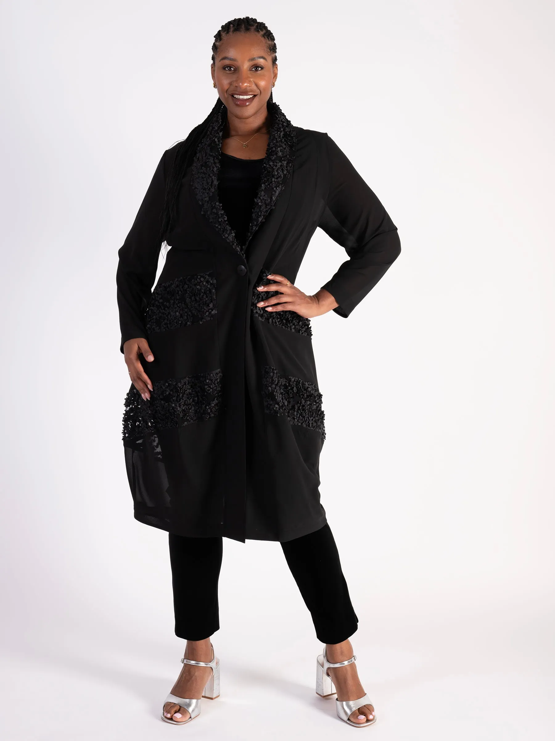 Black Chiffon Barrel Coat with Confetti Applique Mesh Chevron Inset Trim