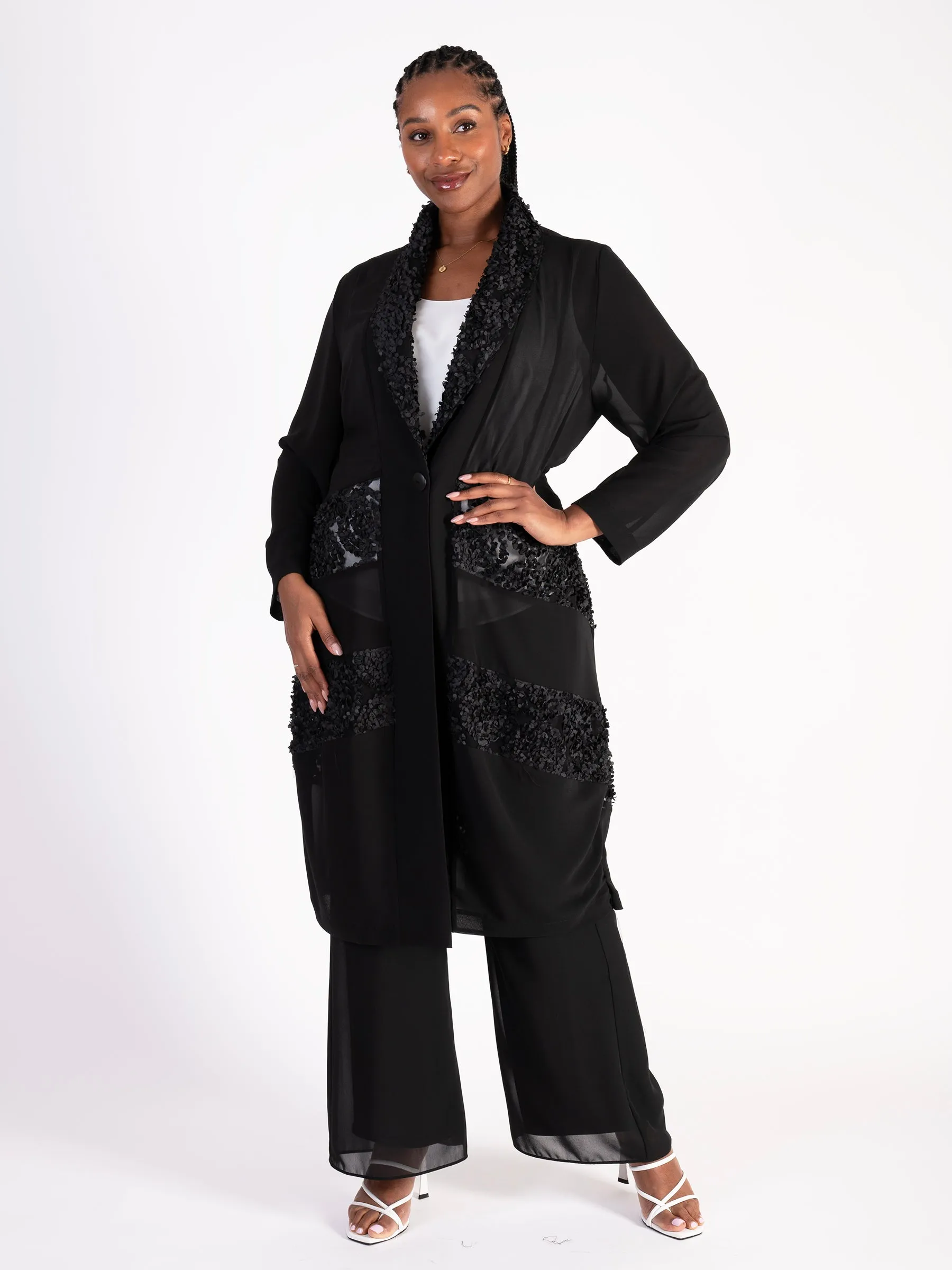 Black Chiffon Barrel Coat with Confetti Applique Mesh Chevron Inset Trim