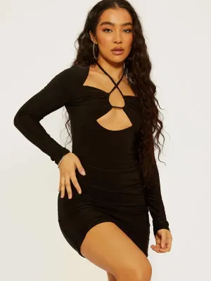 Black Criss Cross Neck Slinky Bodycon Dress with Cut out Detail