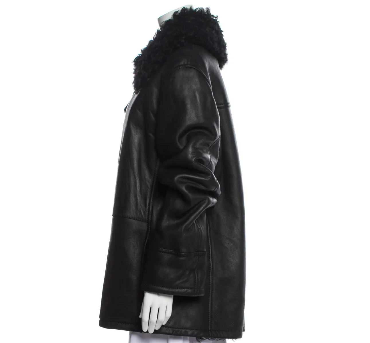 Black Leather & Fur Coat - L