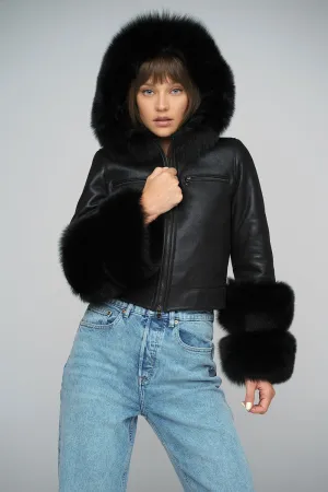 Black Merino Leather Jacket with Fox Fur Collar and Cuffs