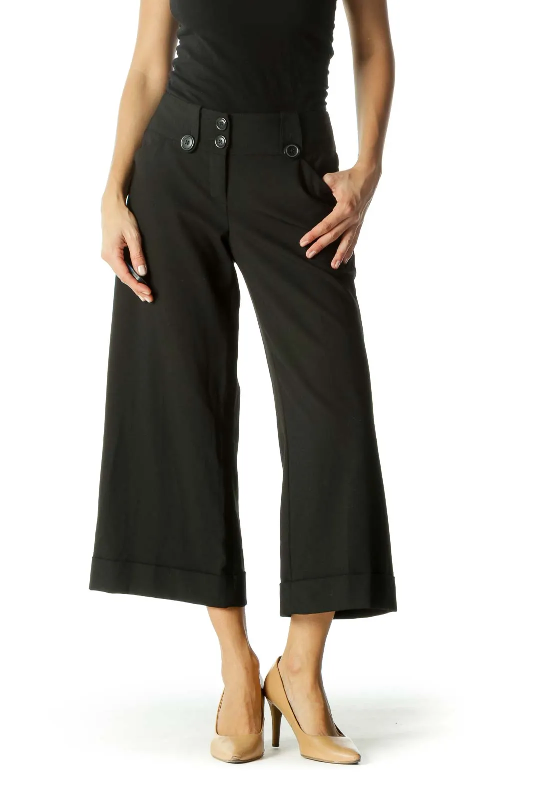 Black Pocketed Belt-Hoops Culottes Pants