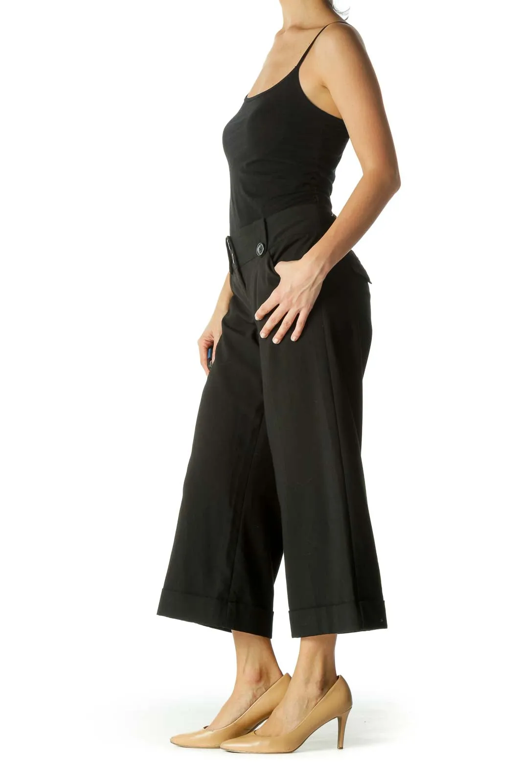 Black Pocketed Belt-Hoops Culottes Pants