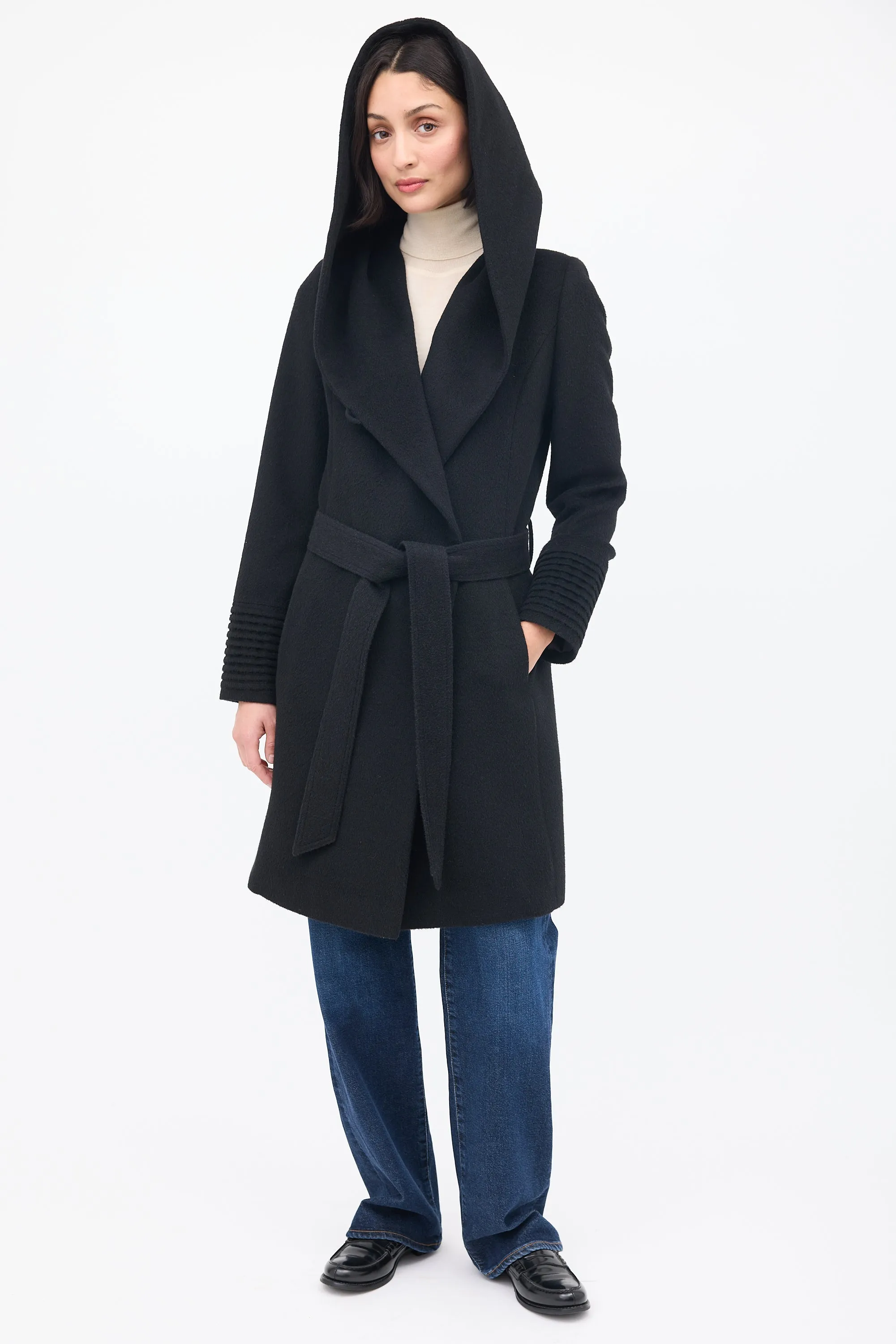 Black Wool Mid Length Hooded Wrap Coat