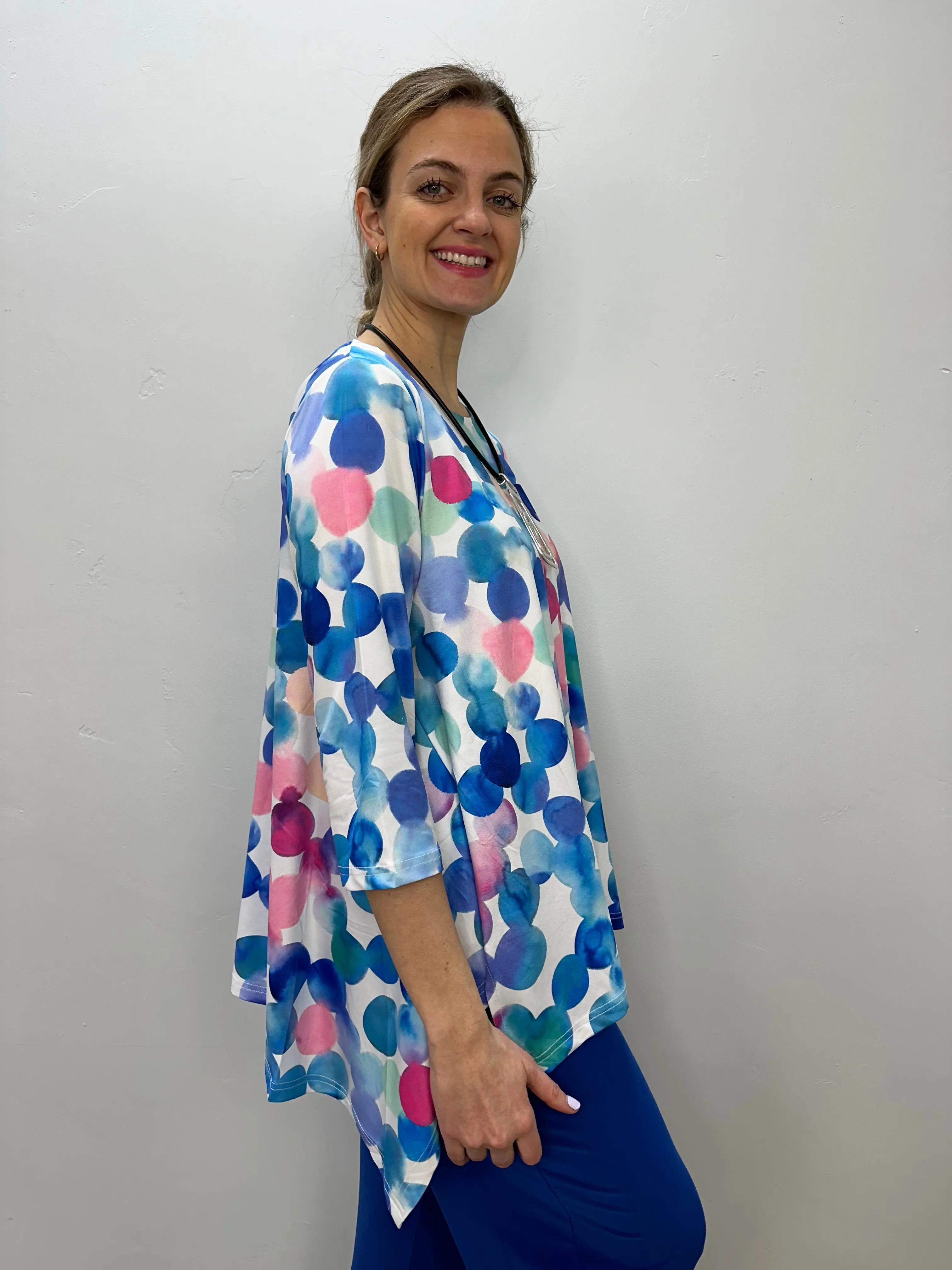 Blue and Pink Dots 3/4 Sleeve Shark-bite Tunic