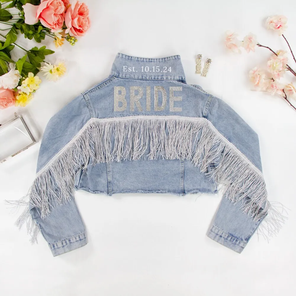 (Blue Fringe) Rhinestone Bride Patch Denim Jacket