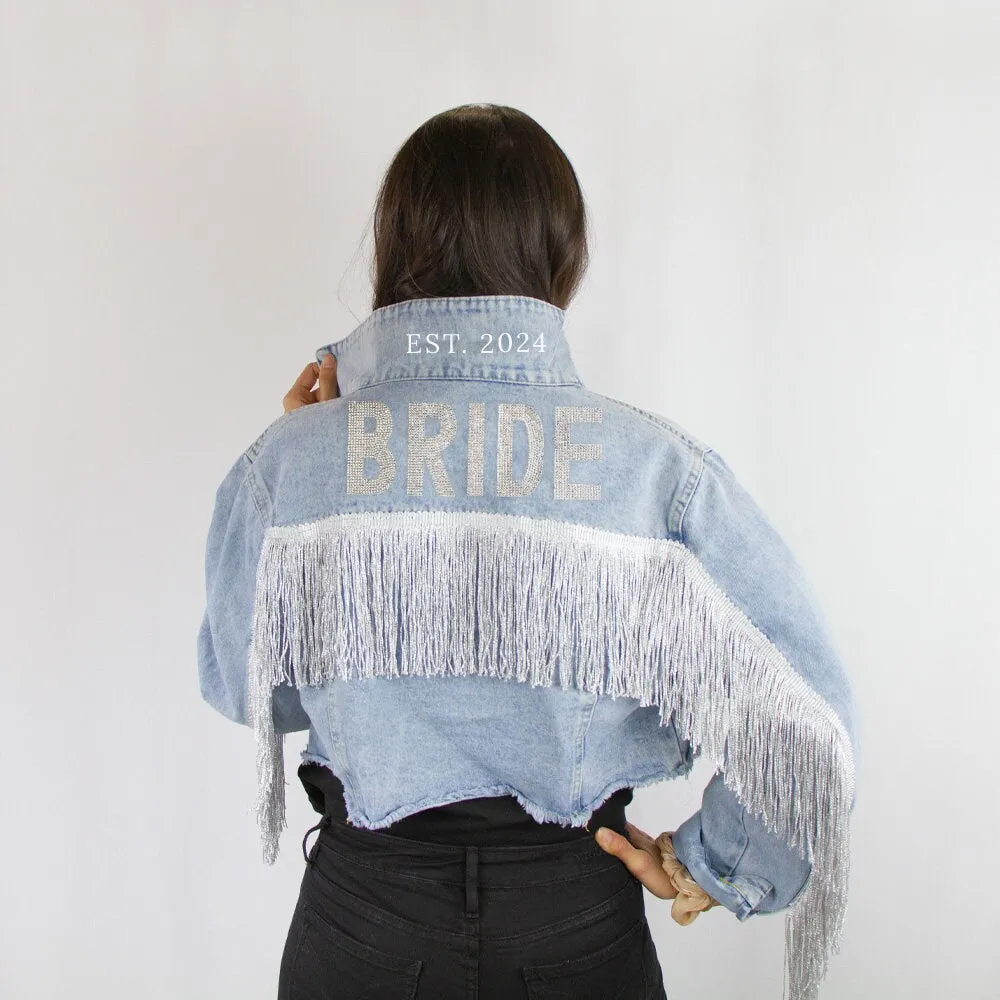 (Blue Fringe) Rhinestone Bride Patch Denim Jacket