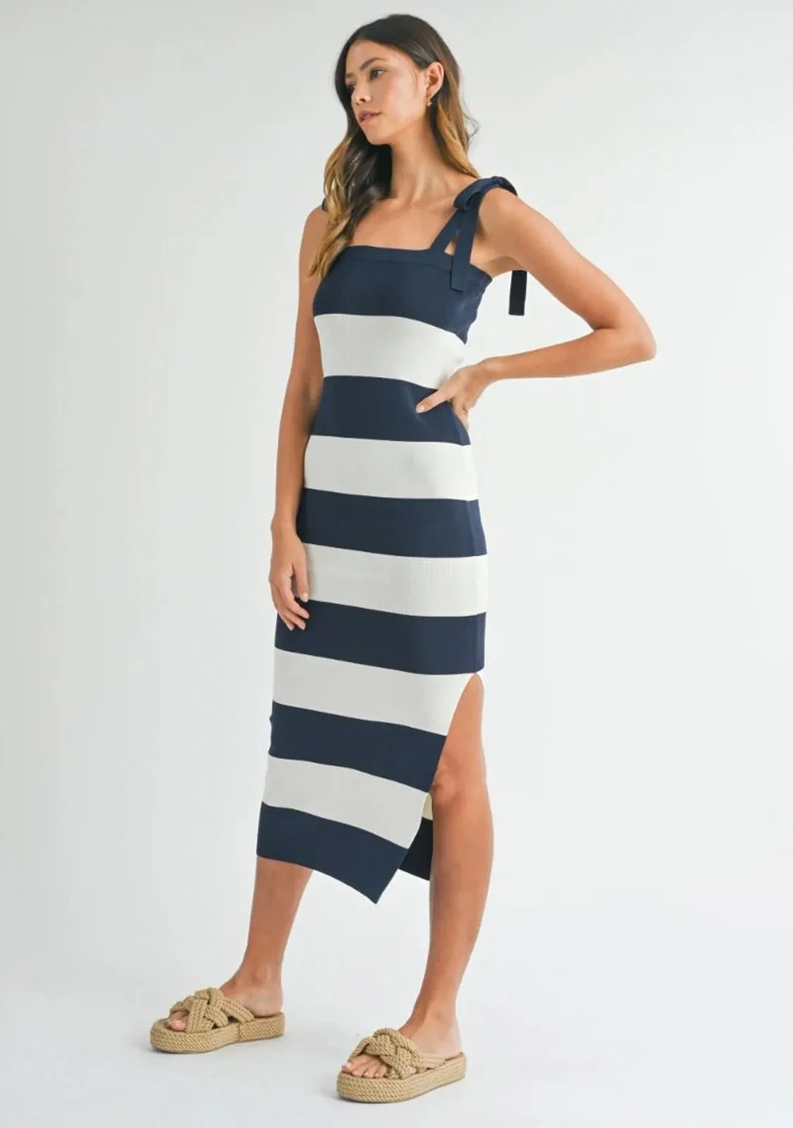 Bow Shoulder Stripe Sweater Maxi Dress