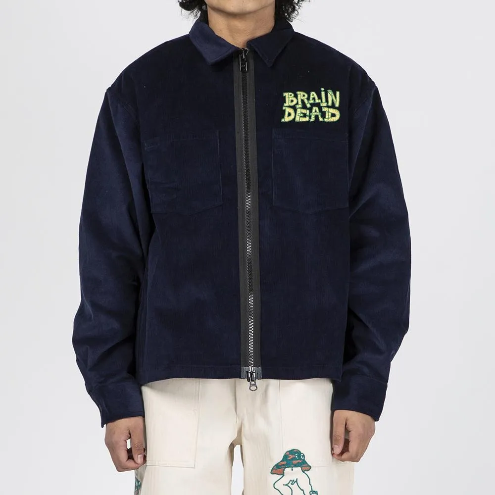 Brain Dead Mushroom Embroidered Full Zip Corduroy Shirt Jacket / Navy