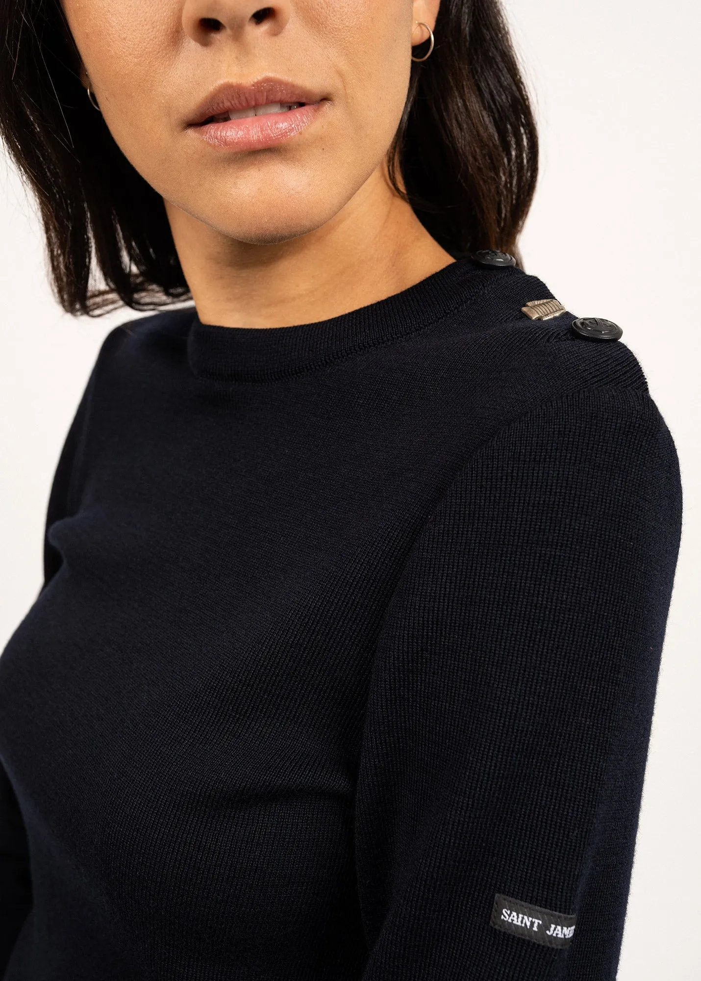 Bregançon plain sailor jumper - striped elbow patches, in wool (NAVY)