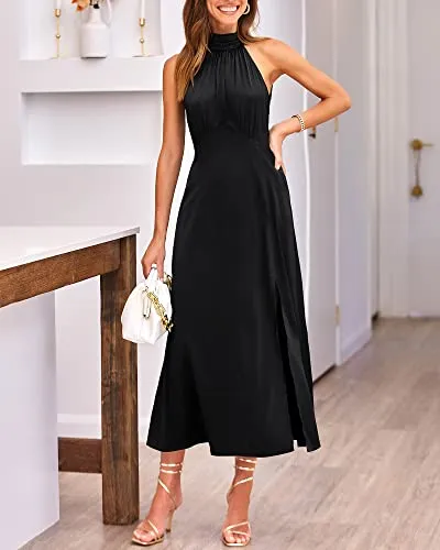 BTFBM Women Elegant Sleeveless Summer Dresses 2023 Halter Neck Backless Satin Dresses Split Solid Color Cocktail Maxi Dress（Solid Black,Small