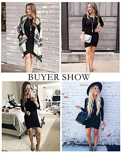 BTFBM Women Fashion Ruched Elegant Bodycon Long Sleeve Wrap Front Solid Color Casual Basic Fitted Short Dress (Black, Small)