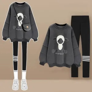 Cartoon Sheep Round Collar Sweatshirt Plush Pants Two Piece Set