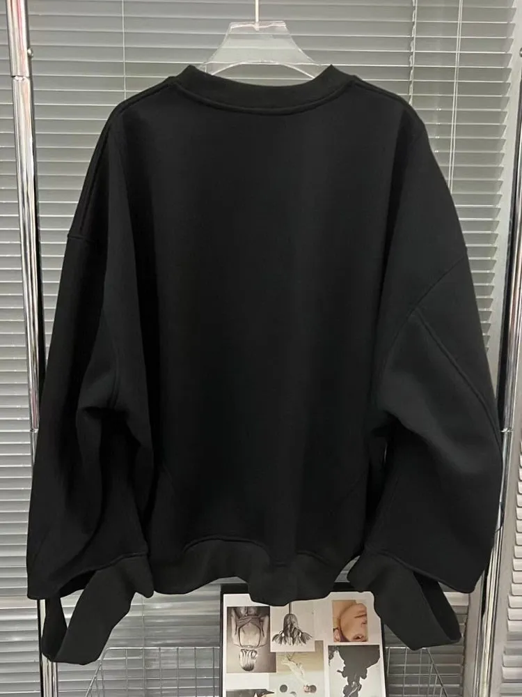 Casual Black Sweatshirt For Womne Round Neck Long Sleeve Asymmetrical Cut Out Sweatshrits Female Clothing