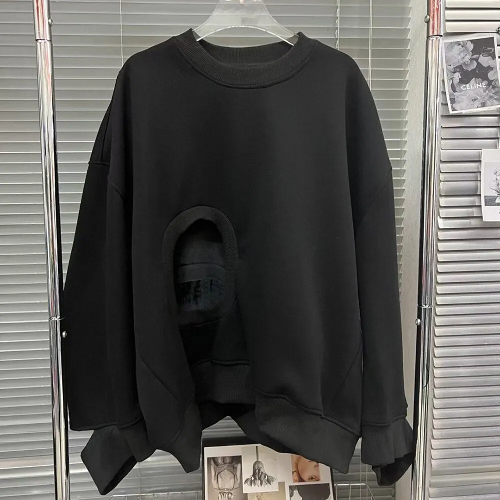 Casual Black Sweatshirt For Womne Round Neck Long Sleeve Asymmetrical Cut Out Sweatshrits Female Clothing