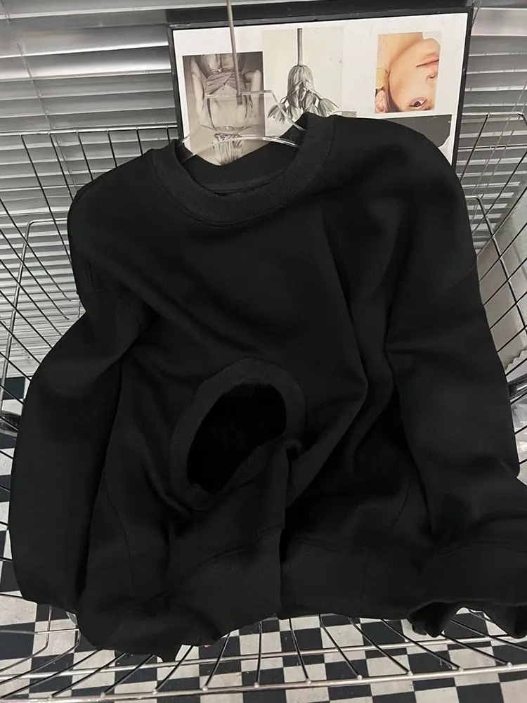 Casual Black Sweatshirt For Womne Round Neck Long Sleeve Asymmetrical Cut Out Sweatshrits Female Clothing