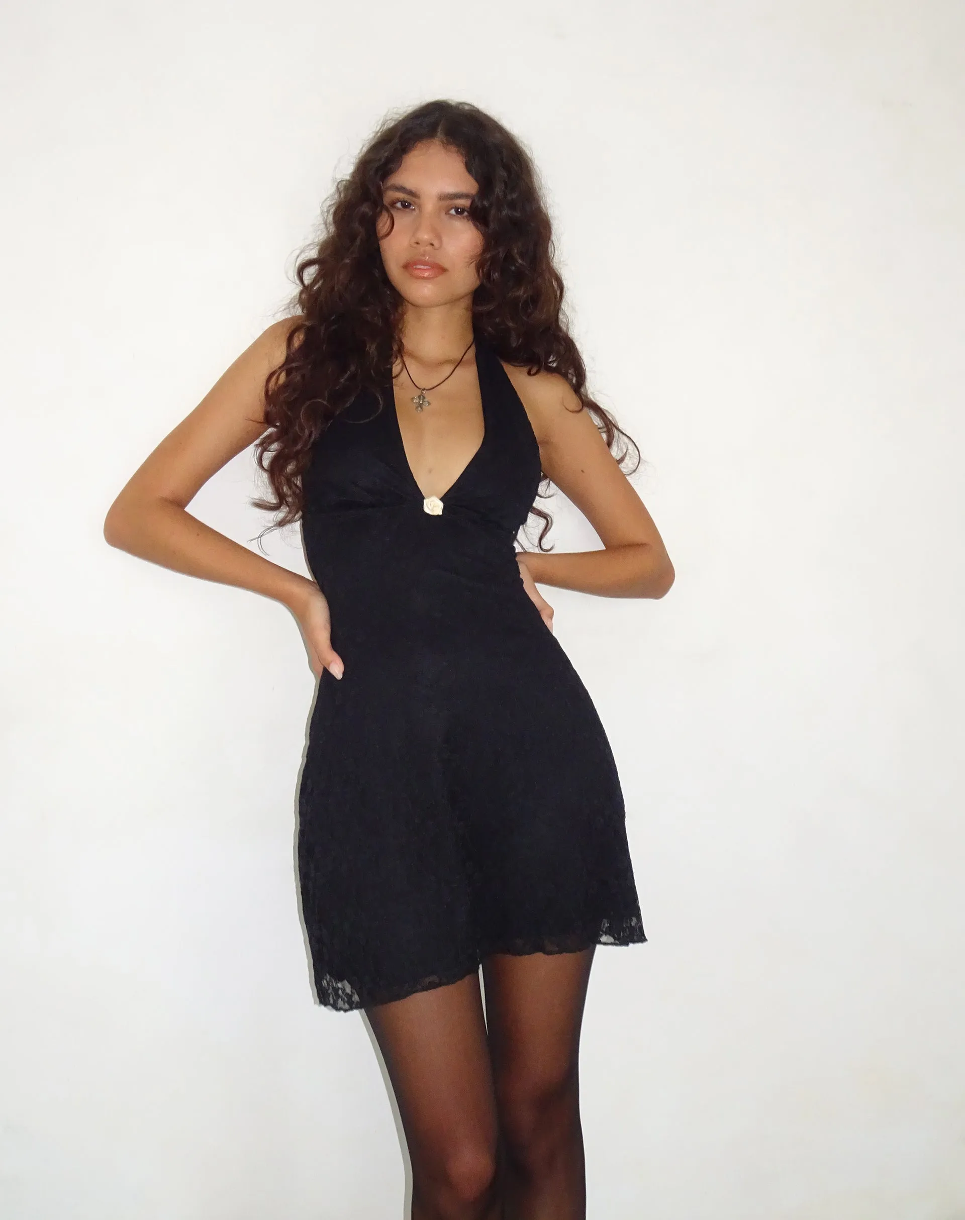 Codami Halterneck Mini Dress in Lace Black