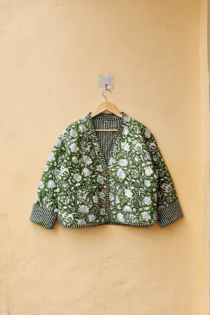 Cotton Handcrafted Kantha Jacket, Green & White Floral Print Patchwork Women’s Quilted Reversible Coat, Kimono Indian Hand Block Printed Vintage Style Boho Vest Autumn Gift for her