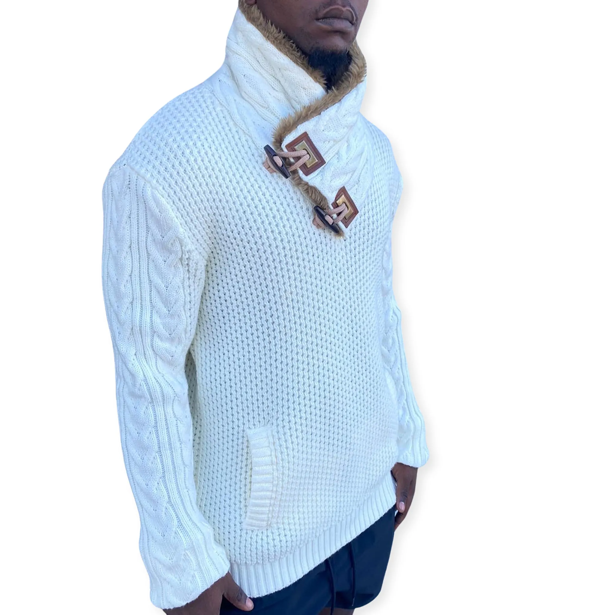 Cream Shawl Collar Sweater with Double Buckle