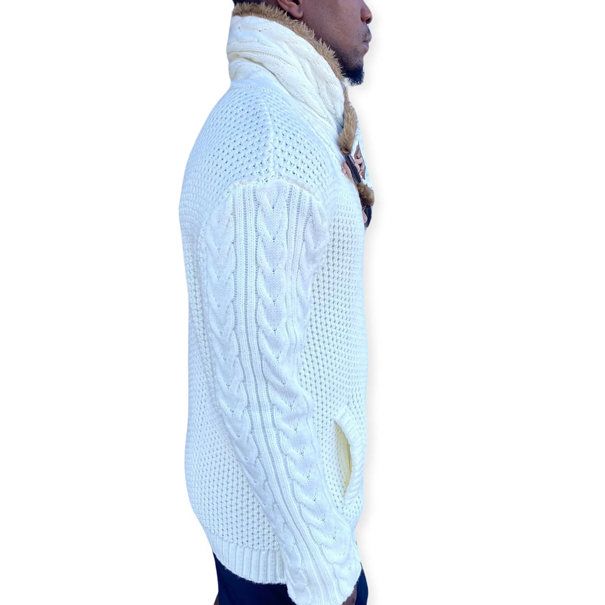 Cream Shawl Collar Sweater with Double Buckle