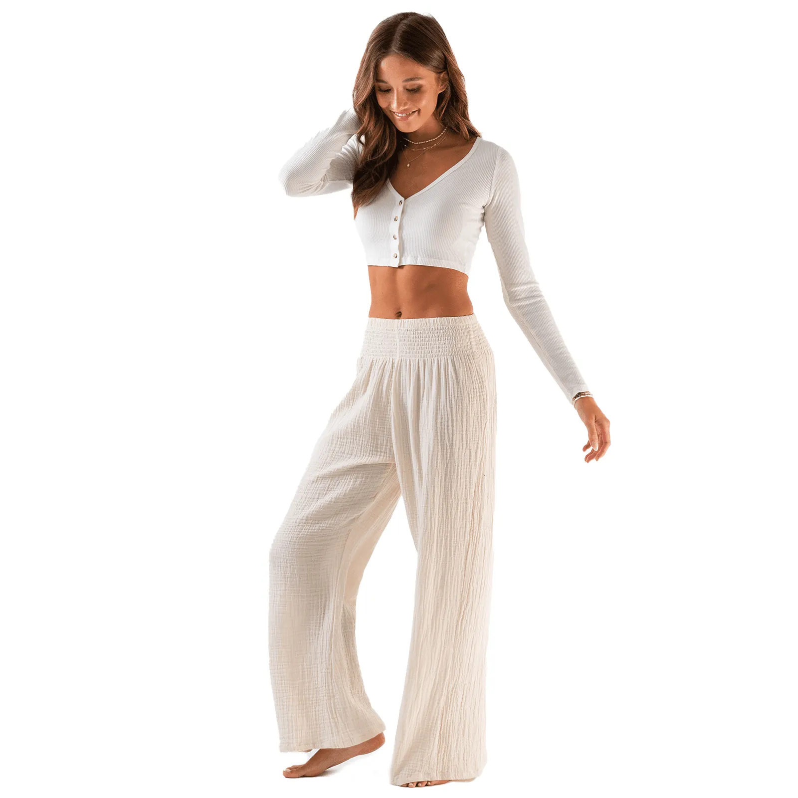 Cream Wide Leg Cotton Pants