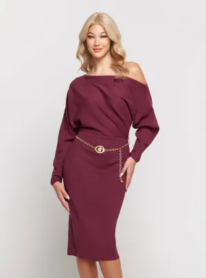 Dark Red Raven Long Sleeve Off Shoulder Midi Dress