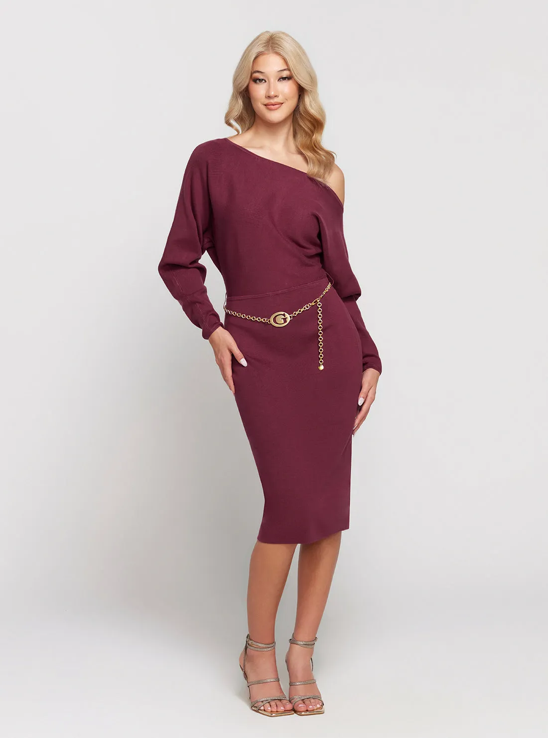 Dark Red Raven Long Sleeve Off Shoulder Midi Dress