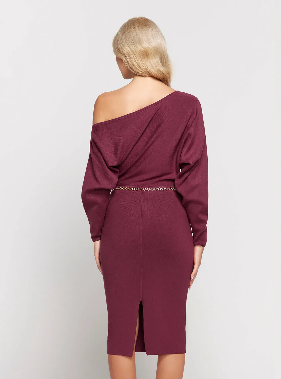 Dark Red Raven Long Sleeve Off Shoulder Midi Dress