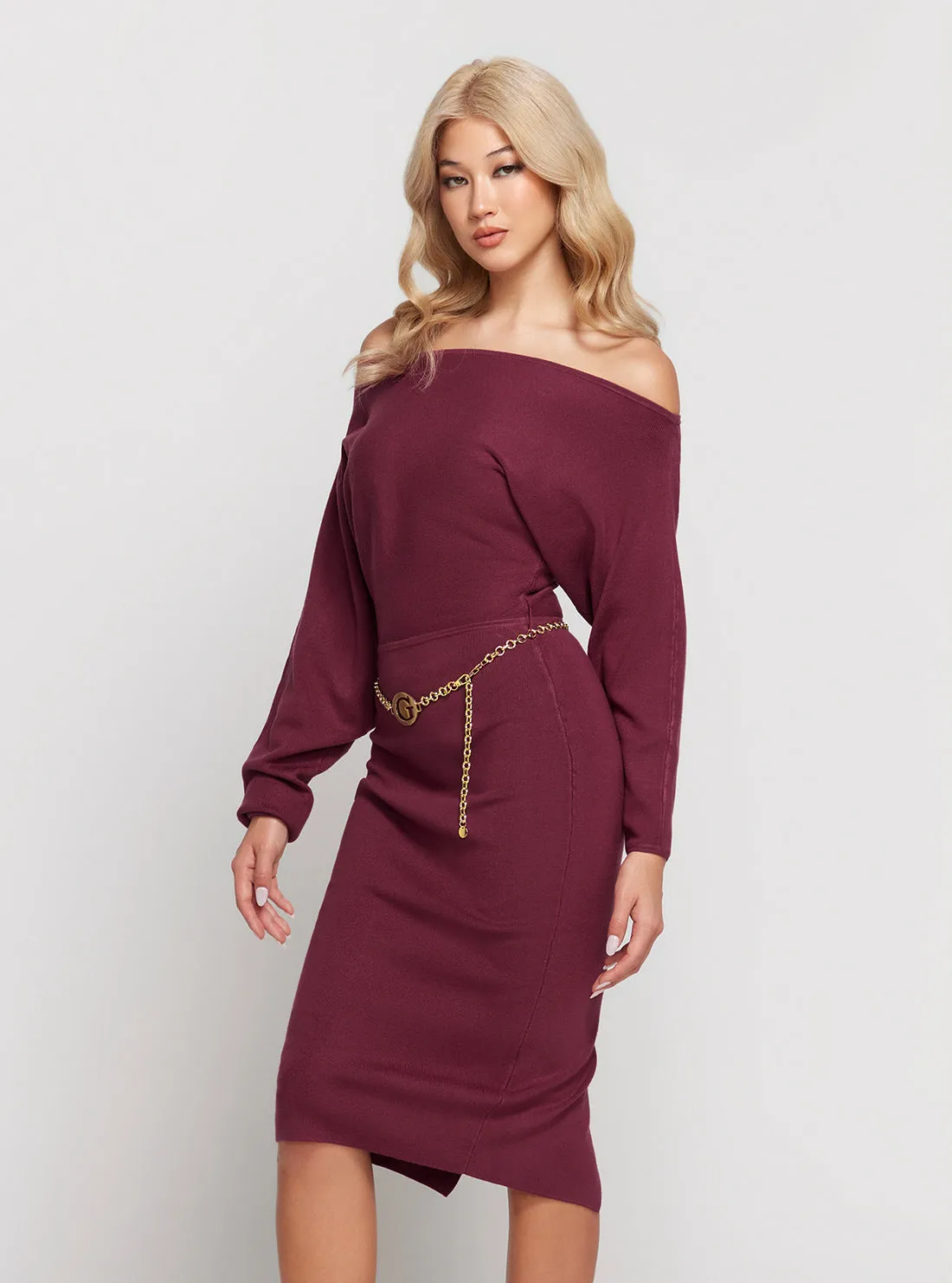 Dark Red Raven Long Sleeve Off Shoulder Midi Dress