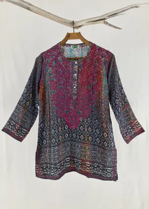 Dolma Charcoal Ikat Hand Embroidered Silk Blend Tunic