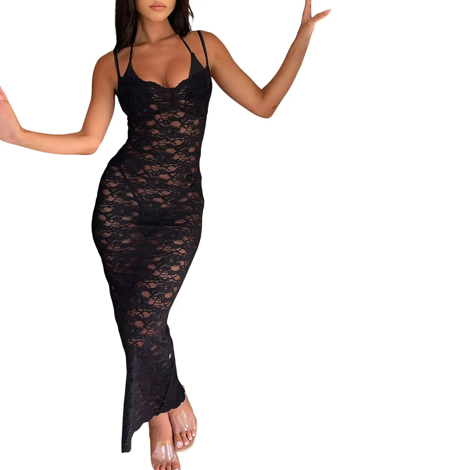 DressBetty - 2024 Boho Full Lace High Split Spaghetti Straps Sheer Bodycon Dress