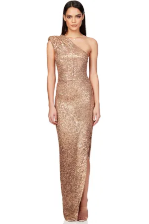 Elegant Padded One Shoulder Split Sequin Evening Maxi Dress - Champagne