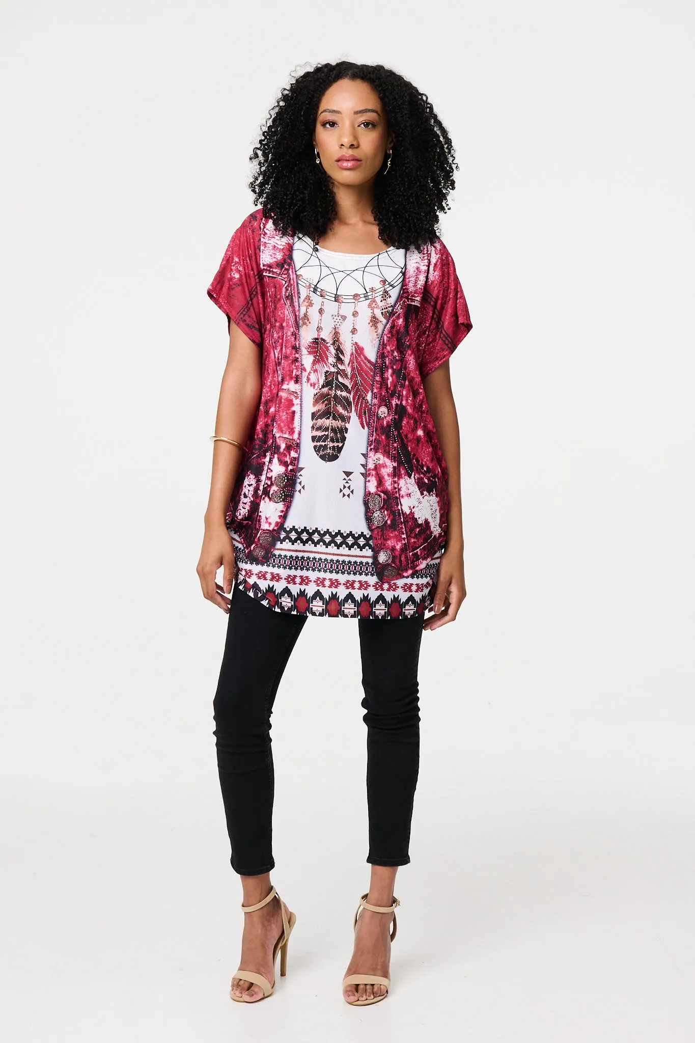 Feather Print Relaxed Short Sleeve Tunic