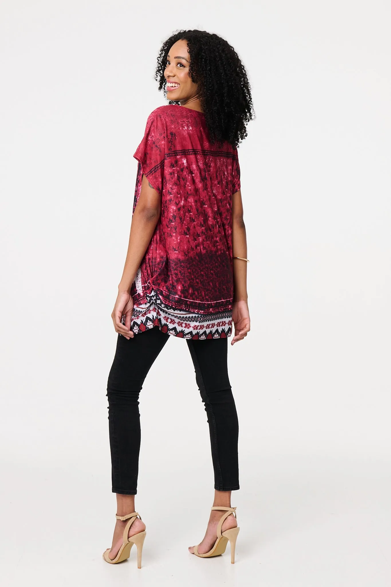 Feather Print Relaxed Short Sleeve Tunic