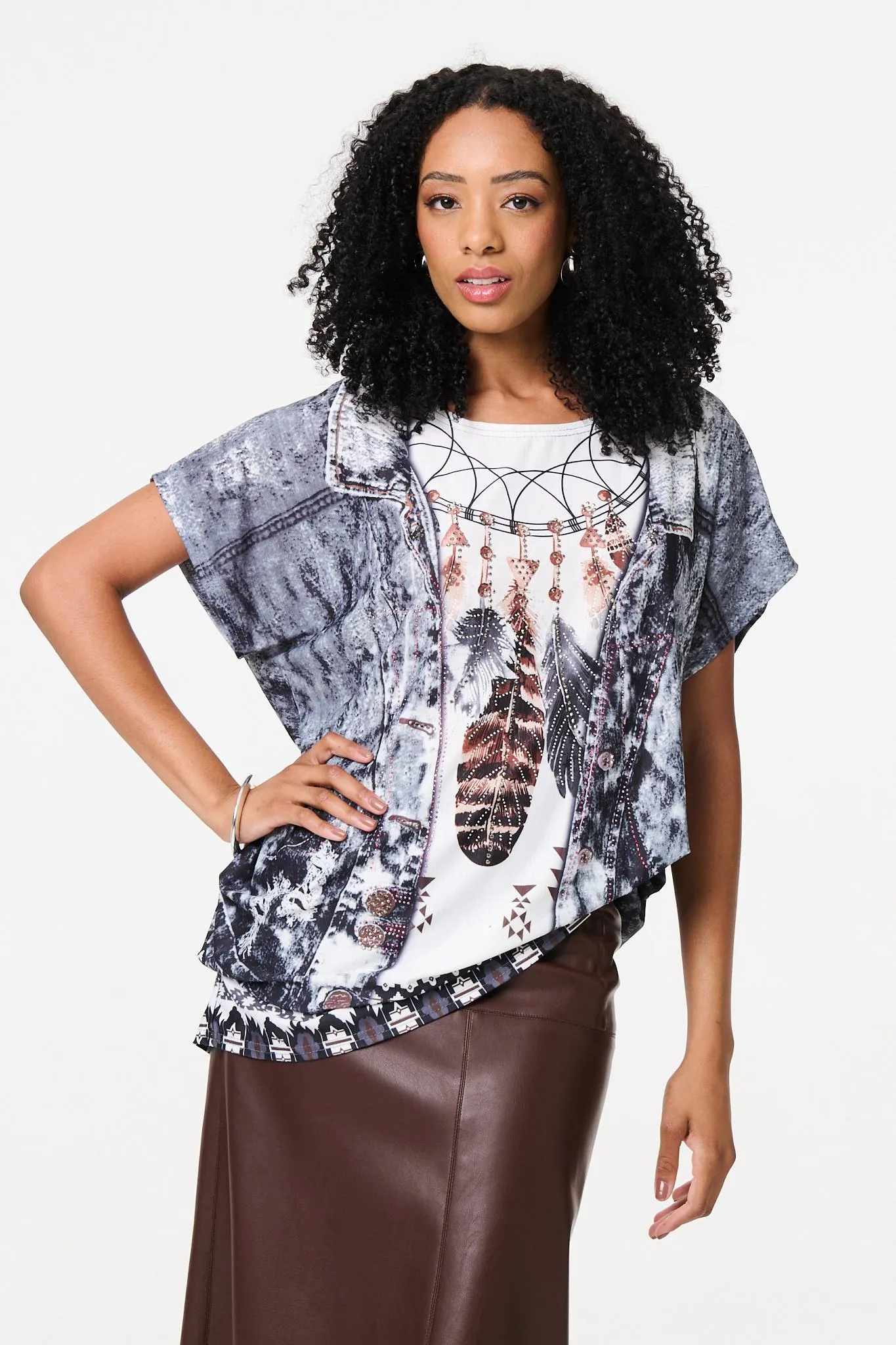 Feather Print Relaxed Short Sleeve Tunic