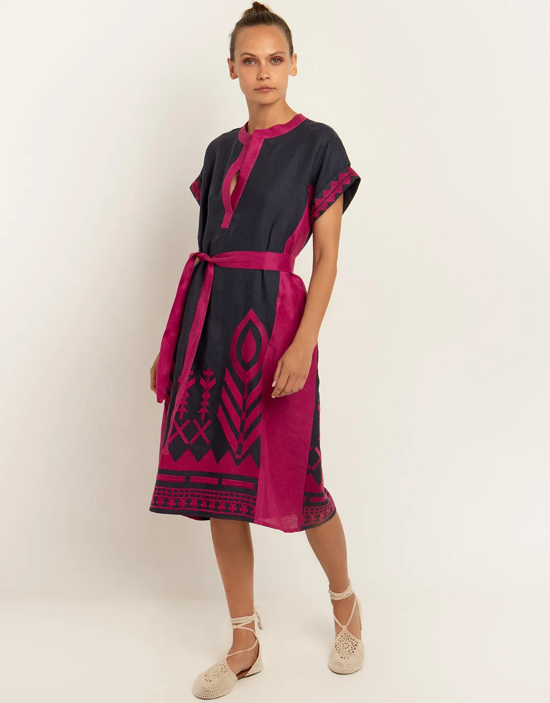 Feathers Kaftan Tunic - Navy and Magenta