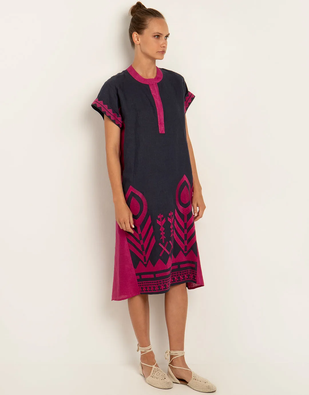 Feathers Kaftan Tunic - Navy and Magenta